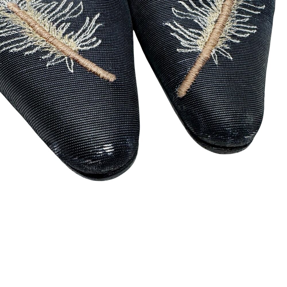 Vintage Manolo Blahnik Black Silk Feather Embroidered Kitten Heel Mules EU 39.5 - Picture 8 of 9